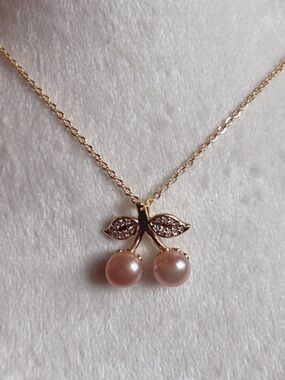 18K Gold Pearl Cherry Pendant Necklace in Pink | 2 freshwater pearls | 925 SS